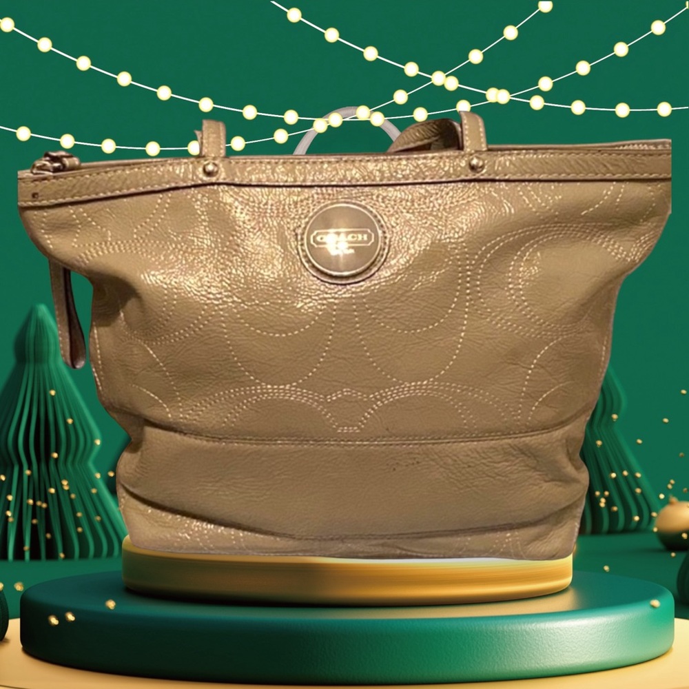 Coach Stitch Outline C Signature F19409 Bronze Leather Tote Shoulder Bag Purse